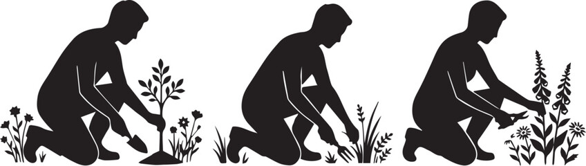 Black silhouettes of people gardening with shovels and plants © Khorshed Worlds