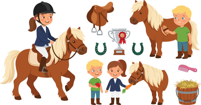 Cute Kids Horse Riding and Equestrian Vector Element Set with Cartoon Children Feeding Grooming and Riding Shetland Ponies with Equipment