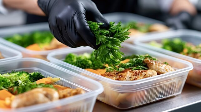 Chef in black gloves placing fresh parsley on grilled chicken, broccoli, and carrots in clear plastic containers, preparing healthy meals for delivery or weekly meal prep