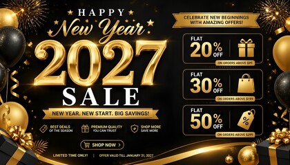 Naklejka premium New Year 2027 sale banner with festive gold design, featuring special offers and discounts, perfect for holiday marketing poster and celebration, a modern template for promotion and advertising.