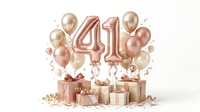 41st birthday celebration with rose gold balloons and gift boxes