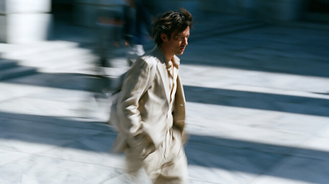 Man Walking Through Urban Courtyard in Sunlight
