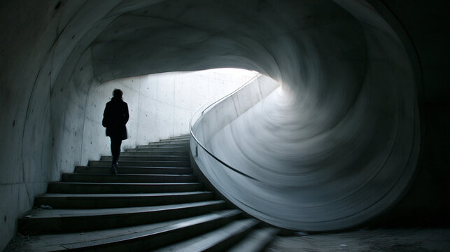 Person Climbing Stairs Toward Light in Tunnel