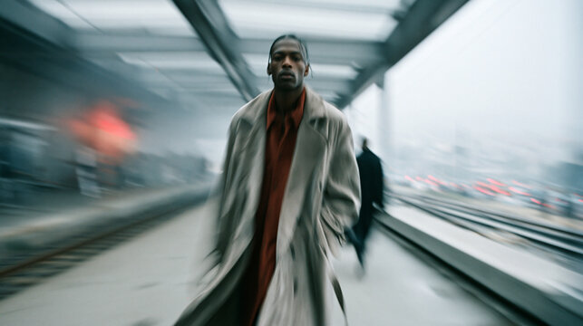 Man in Long Coat Walking Through Modern Corridor with Purpose