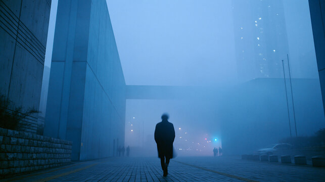 Solitary Figure Walking Through Foggy Urban Street at Night