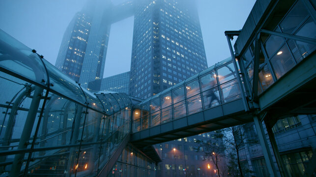 Modern Glass Skywalk Between Corporate Office Buildings at Dusk