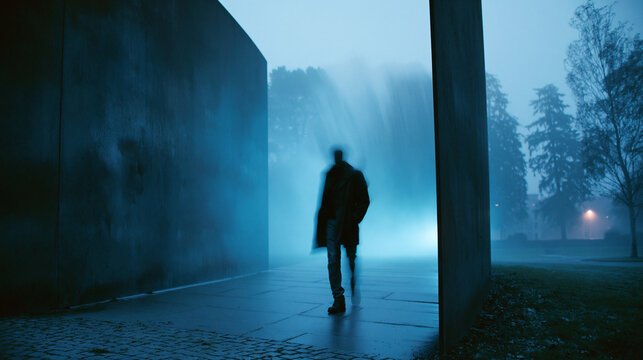 Solitary Runner Jogging Through Misty Urban Pathway at Dawn