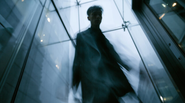 Silhouette Man Standing in Modern Glass Corridor