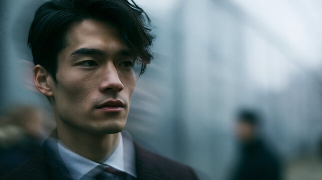 Serious Asian Man in Business Suit Outdoors