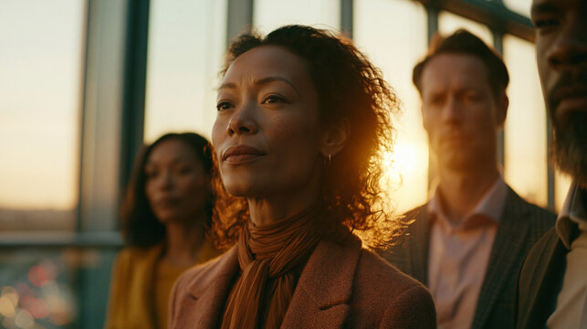 Professional Women Standing in Modern Office at Sunset