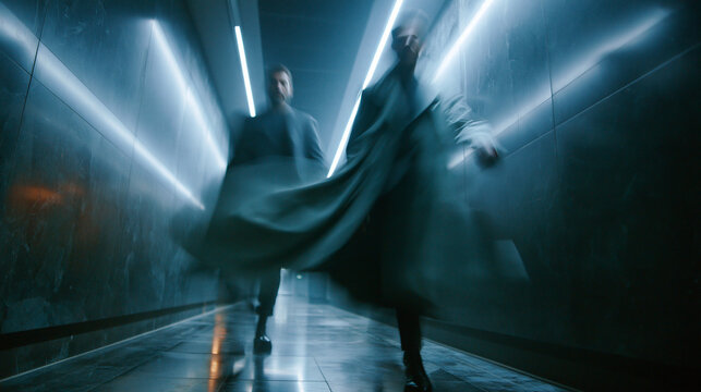 Dynamic Motion Blur Figures Running Through Futuristic Tunnel