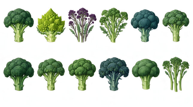 Calabrese Romanesco Purple Sprouting Green Sprouting Belstar Arcadia Marathon Packman Destiny Waltham Green Magic Tenderstem Broccoli Collection Isolated On White Background