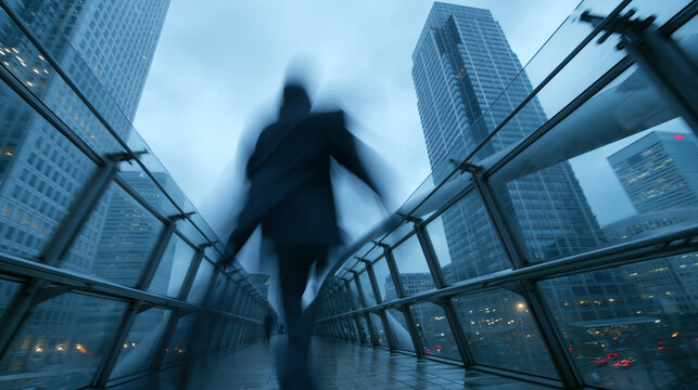 Businessman Running Through Modern City Skyway