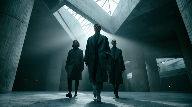 Three Business Professionals Walking Together in Modern Concrete Space