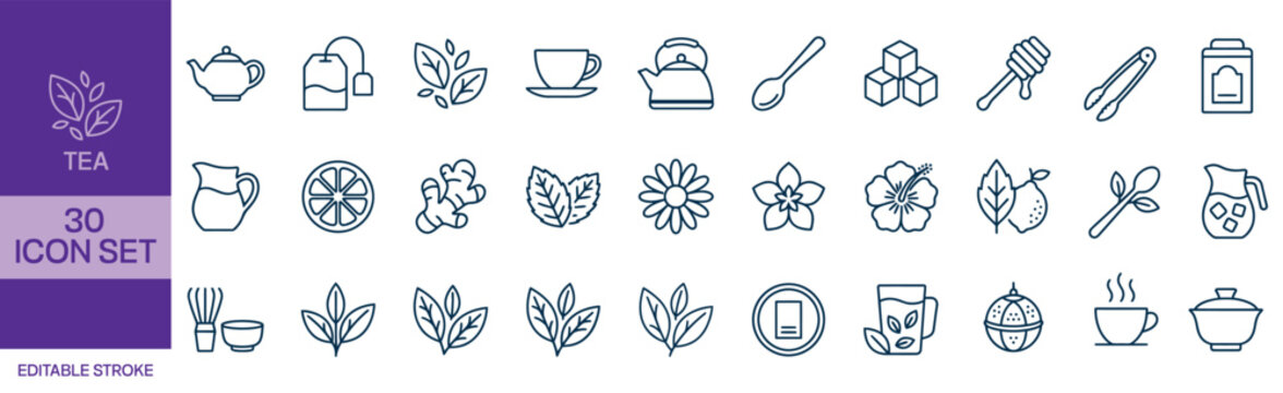 Tea icon set 30 editable line icons for beverage and herbal infusion designs