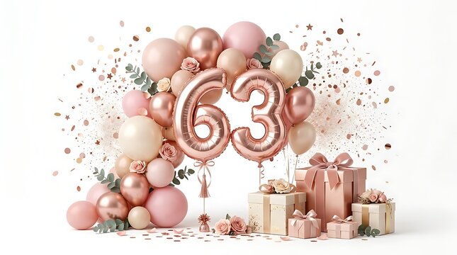 63rd birthday celebration with rose gold balloons gifts and floral decor