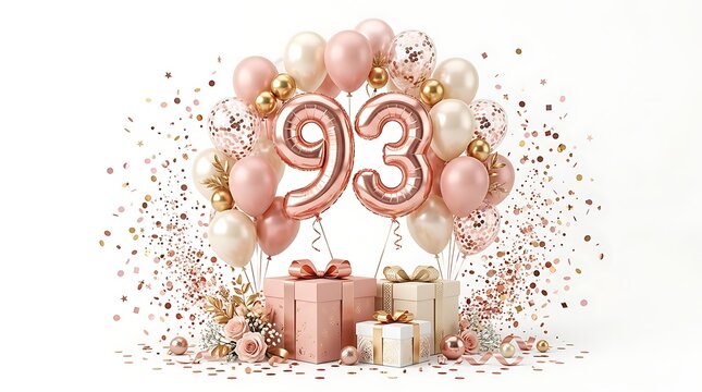 93rd birthday celebration with balloons gifts and rose gold confetti