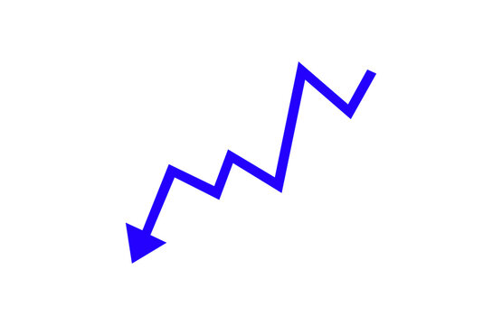 Blue downward zig zag trend arrow silhouette vector icon