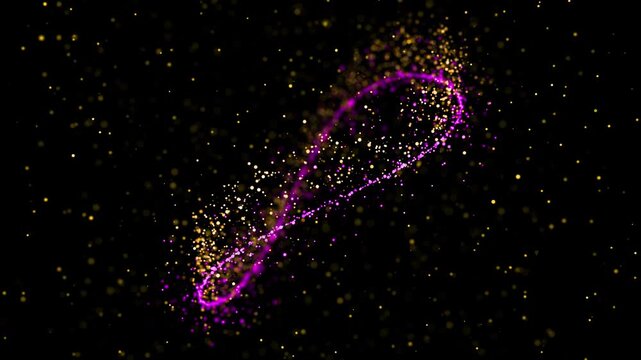 Abstract infinity sign motion with luminous particles. Seamless loop shows glowing particles creating abstract infinity sign with vibrant colors. Endless digital background animation 