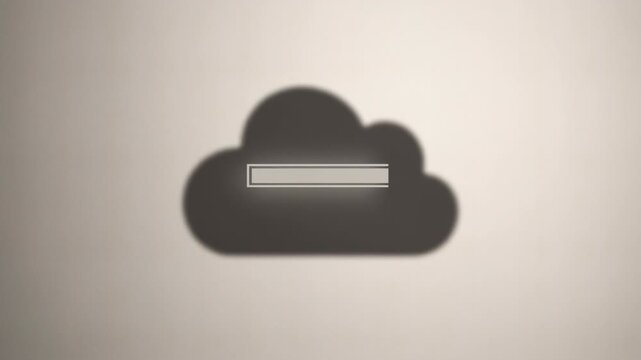 Dark cloud silhouette on warm beige wall with pale rectangular icon growing into prominence, shifting toward center within soft minimal abstract composition and muted tone