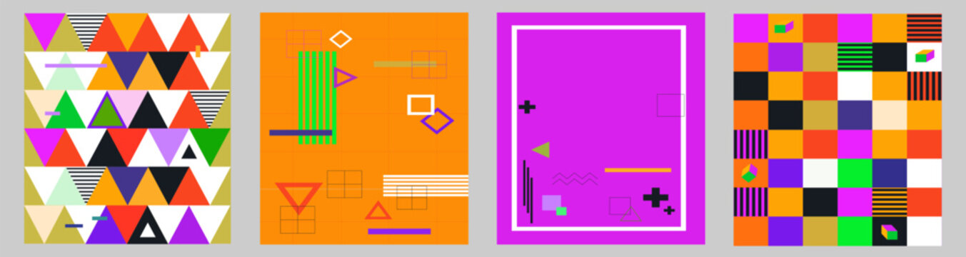 A set of four vibrant geometric abstract poster layouts featuring colorful triangles, blocks, grids, and minimalist shapes on a grey backdrop.