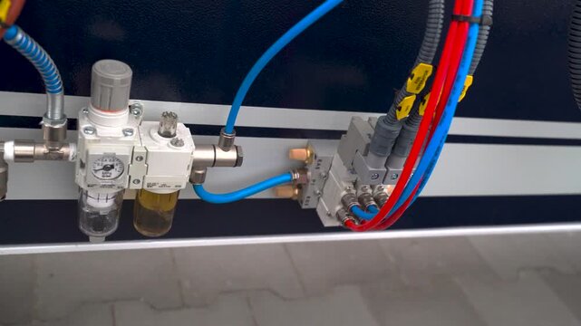 Pneumatic system regulating pressure with solenoid valves and air filter unit