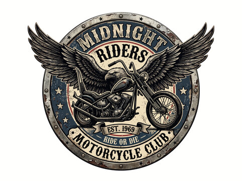 Vintage eagle motorcycle club badge with retro chopper design and wings emblem