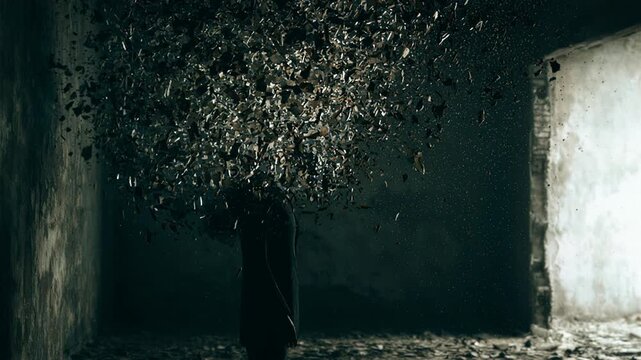 Man with head exploding into particles in dark room. Conceptual visualization of mental breakdown, burnout and inner chaos. Psychology and surreal stress metaphor.