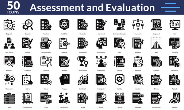 Assessment and Evaluation Glyph Style icon set featuring psychometric, competency, formative, criteria, analysis, accreditation, score and indicator simple icons. icon