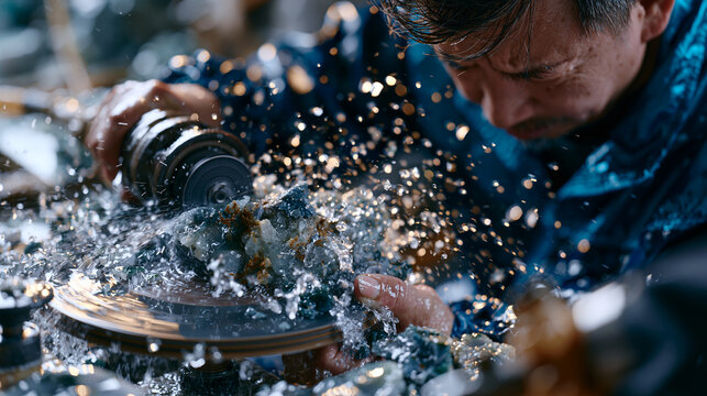Jade carving artisan in Guangzhou workshop rotating rough nephrite stone against rotating diamond wheel, water mist cooling cut, traditional gemstone craft, stone carving artisan, cultural craft her