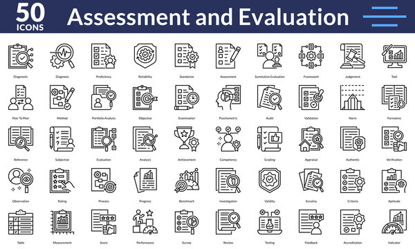 Assessment and Evaluation Outline Style icon set featuring peer to peer, method, portfolio analysis, benchmark, process, performance, survey and indicator simple icons. icon