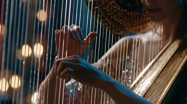 Close-up of harp strings being plucked with light glinting on the strings.