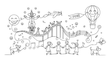 Whimsical Doodle Art: Kids Rollercoaster Fun, Clown, Dog, Hot Air Balloon & Music © Ellaut