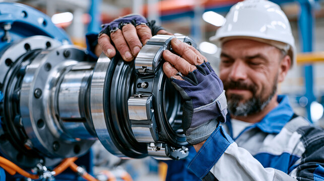 Millwright installing precision coupling on newly commissioned conveyor drive system in food processing plant, maintenance technician, mechanical installation, industrial machinery commissioning, fa