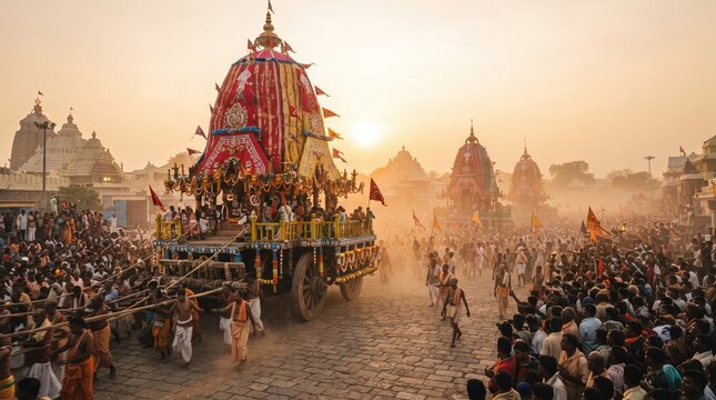Ornate ratha yatra chariots in a dusty, hazy landscape at sunset