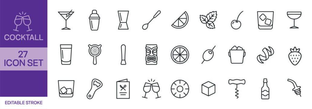 Cocktail icons set for mixology and bartending designs