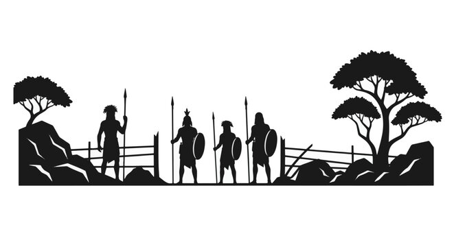 Silhouette of four ancient tribal warriors standing with spears and shields in a landscape with trees and rocks, black and white vector illustration on white background.