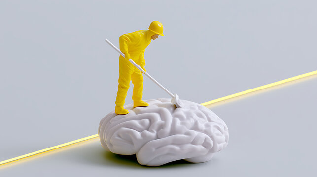 A miniature worker in a yellow hazmat suit and hard hat clean a white brain model with a stick, symbolizing mental clarity or cognitive maintenance on a light gray background with a glowing yellow lin