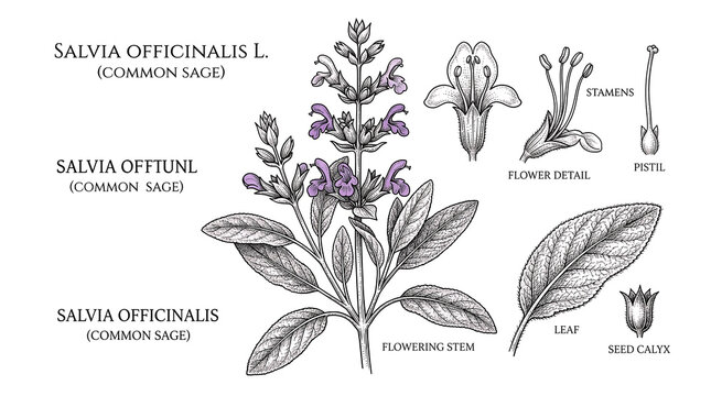 Vintage botanical illustration of Salvia officinalis common sage plant with roots and flowers.