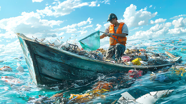 Man collects plastic waste in a boat on a polluted ocean with fish and debris floating around him under a cloudy blue sky.