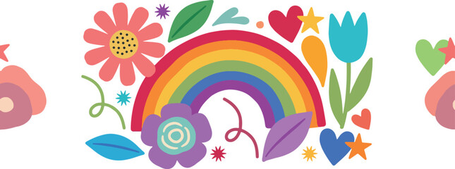 Fototapeta premium Colorful cute rainbow and floral border