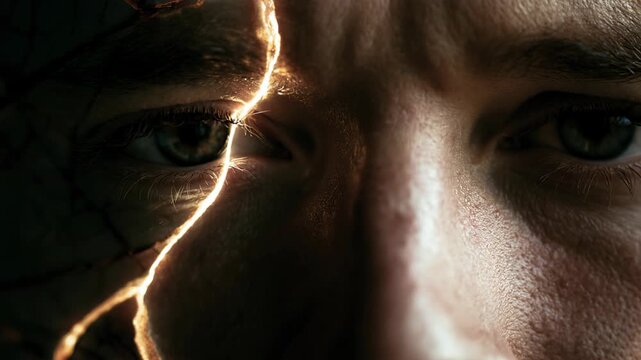 Man feeling mental breakdown. Close-up of sad male eye with light crack on face. Internal pain, psychological trauma, depression, anxiety and emotional struggle.