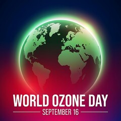 Fototapeta premium world ozone day graphic featuring green planet earth with glowing halo against colorful gradient background