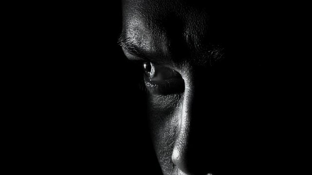 Woman with intense gaze in dark shadow. Human eye reflecting inner pain and mental struggle. Psychological portrait of solitude, depression and emotional stress.