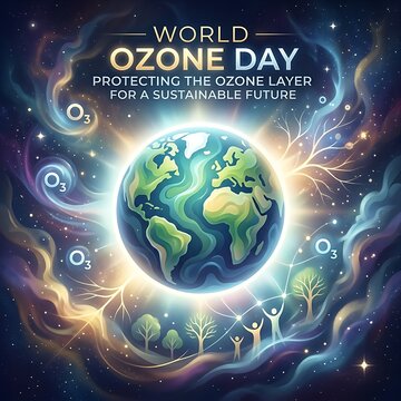 world ozone day digital illustration of glowing earth in colorful space with protecting life text