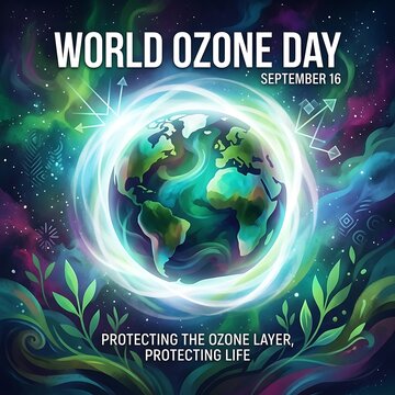 world ozone day vector illustration featuring earth globe surrounded by green leaves and sun sky