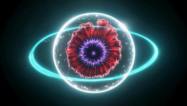A highly futuristic loopable 4K 3D digital render showcasing a glowing neon orb endlessly circling a pulsating abstract geometric object ideal as a high tech backdrop for science fiction media