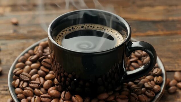 A luxurious ultra HD 4K lifestyle shot of a steaming ceramic cup of coffee surrounded by high quality glossy roasted espresso beans on a rustic surface evoking a warm cozy and aromatic beverage