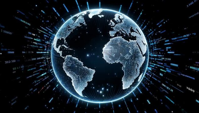An advanced high resolution 4K digital animation showcasing a rotating global grid wrapped in flowing data lines and floating columns of binary code representing international telecommunications and
