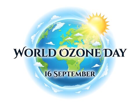 world ozone day graphic featuring earth with glowing blue aura and radiant sun casting rays